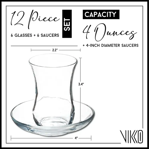 Miniatura 6 de Vikko Vasos y platillos de té turcos, tazas de té turco de 4 onzas, juego de 6 piezas Transparente