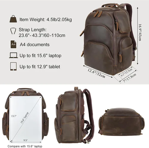 Miniatura 2 de TIDING Mochila vintage de cuero de grano completo para laptop de 16 pulgadas para hombre, con múltiples bolsillos, mochila de viaje, fin de semana