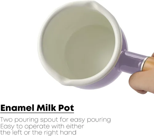 Miniatura 2 de Mini Olla de Leche Esmaltada de 0.6 Cuartos Mango de Madera Aislado 2 Picos Vertedores Calentador de Alimentos Pequeño Cacerola Bonita (D015, Morado)