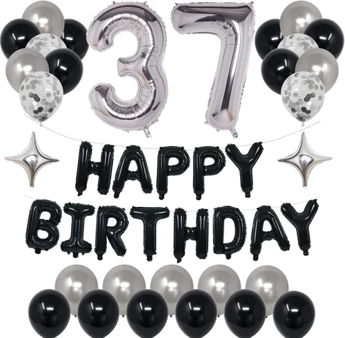 Miniatura 24 de Decoraciones de fiesta de cumpleaños color negro y plateado para niños y niñas, suministros de fiesta de cumpleaños número 14 con pancarta negra