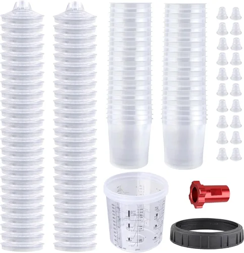 Vaso Desechable para Pistola de Pintura, Vasos de Mezcla para Pistola Pulverizadora HVLP de 20 Onzas (600ML), Kit con 50 Vasos y Tapas Sistema, 10
