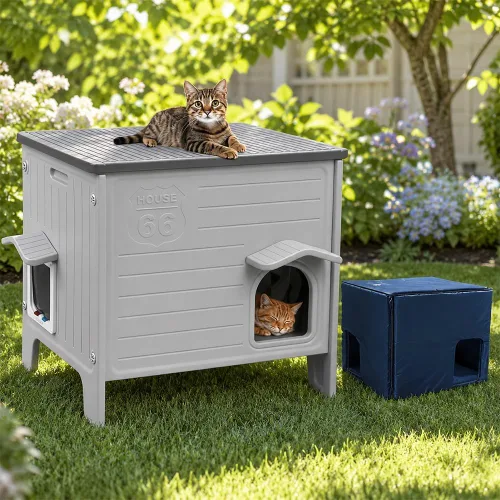 Miniatura 14 de Rockever Casa impermeable para gatos al aire libre, casa aislada para gatos al aire libre con alfombrilla suave, casa elevada para gatos al aire