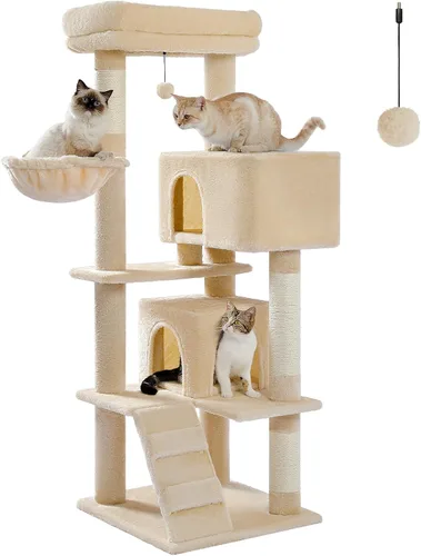Árbol para gatos de interior, 2 acogedores condominios con espaciosa percha superior, torre para gatos de varios niveles de 56.3 pulgadas con postes