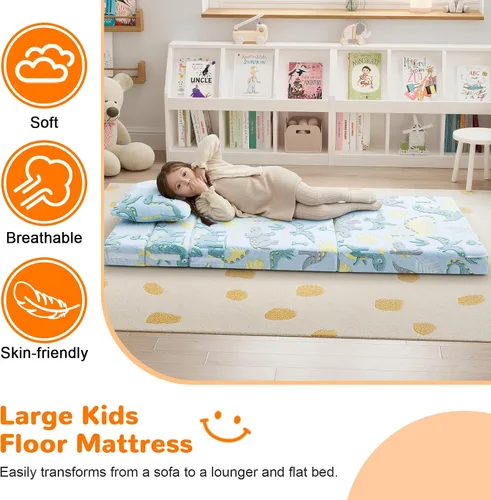 Miniatura 4 de MeMoreCool Glow Dinosaur - Sofá cama de tres pliegues para niños, colchón y silla de futón plegable, sofá convertible para sala de juegos Cielo Dino