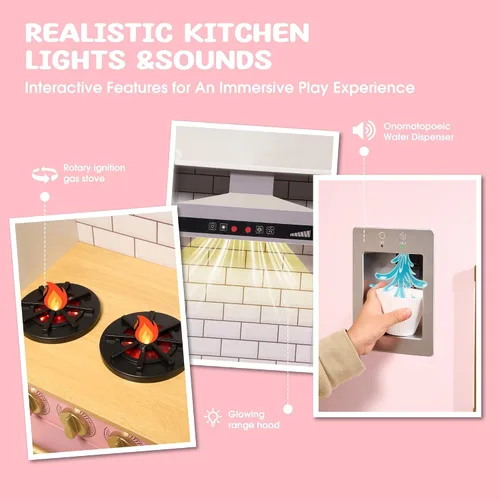 Miniatura 5 de Cocina de juego de madera para niños a partir de 3 años, cocina de juguete de simulación con luces y sonidos reales, estufa, fregadero, microondas