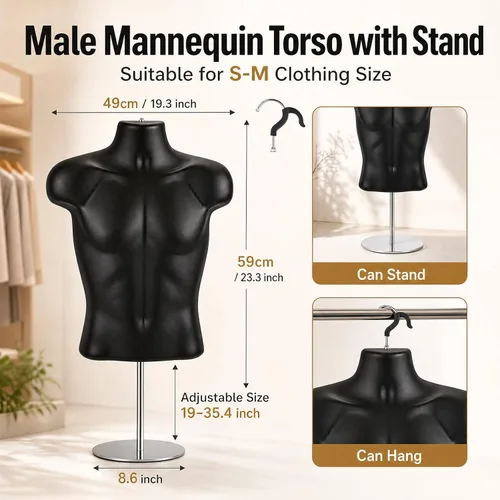 Miniatura 2 de Geetery 1 paquete de maniquí masculino de medio cuerpo con soporte y gancho para colgar, forma de vestido apilable con espalda hueca para exhibición