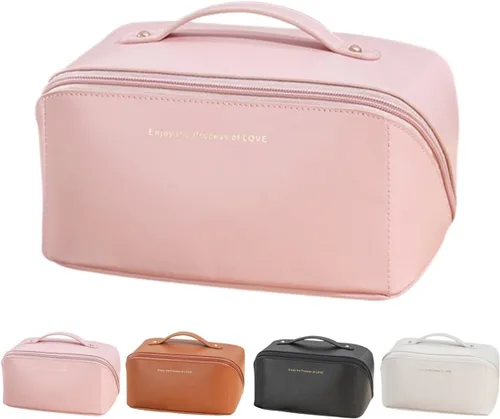 Miniatura 12 de Bolsas de maquillaje a cuadros de gran capacidad, bolsas de cosméticos portátiles de viaje, bolsa de aseo abierta y plana para mujeres y niñas