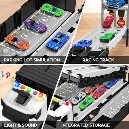 Miniatura 4 de Camión de carreras para niños, juguete plegable de 3 capas para niños, camión de juguete para transportar autos y 8 autos de carreras, juguetes