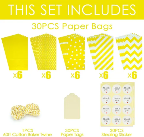 Miniatura 2 de SMINTINE Paquete de 30 bolsas de papel amarillo con calcomanías de agradecimiento, etiquetas de papel, cuerda de algodón para panaderos, bolsas
