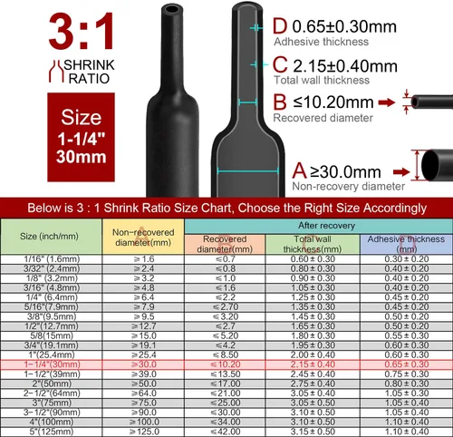 Miniatura 3 de Chanzon - Tubo termorretráctil de relación 3:1, 1-1/4" (30mm), grado marino, con revestimiento adhesivo impermeable, rollo de 4 pies