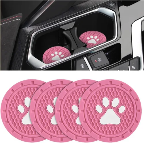 Miniatura 20 de Osilly Posavasos para Portavasos de Automóvil, Paquete de 4 Posavasos Antideslizantes de PVC con Estampado de Huellas de Pata, Tapete Universal