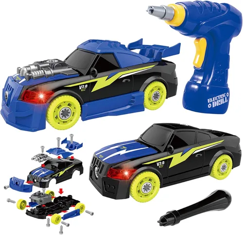GILOBABY 26 piezas de juguetes desmontables para niños, coche de carreras con taladro eléctrico, sonidos y luces, juguetes de construcción para