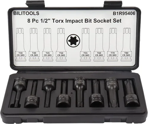 BILITOOLS Juego de 8 piezas de llaves de impacto con puntas Torx de 1/2 pulgada, T30-T80, acero Cr-Mo