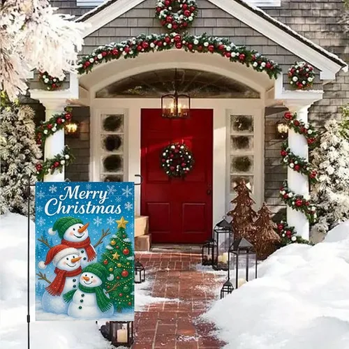 Miniatura 6 de Bandera de jardín de Navidad ActFirst de 12 x 18 pulgadas, bandera de muñeco de nieve de familia de Navidad Feliz con árbol, pequeña decoración