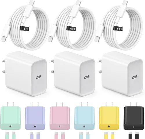 Cargador iPhone 17 16 15 de carga rápida 3+3 Pack Cargador tipo C Cargadores USB C con cable de 1.8 metros para iPhone Air/17/17 Plus/17 Pro/17 Pro