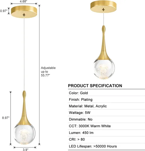 Miniatura 5 de CHYING Lámpara colgante dorada de cristal LED Iluminación colgante de medusa lágrima luces colgantes mini luces colgantes para isla de cocina, baño