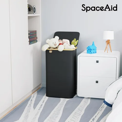 Miniatura 6 de SpaceAid Cesta de lavandería con tapa, 110L de gran capacidad, cesta alta para ropa con asas de bambú, cesta plegable para dormitorio, baño, Negro