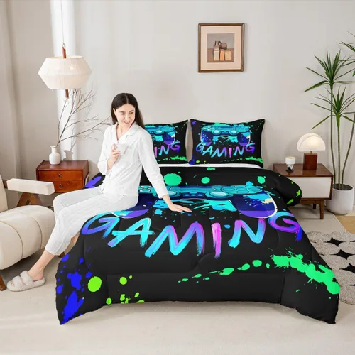 Miniatura 36 de Manfei Juego de edredón moderno de 2 piezas con estampado de consola de videojuegos de panal azul con 1 funda de almohada, juego de ropa de cama