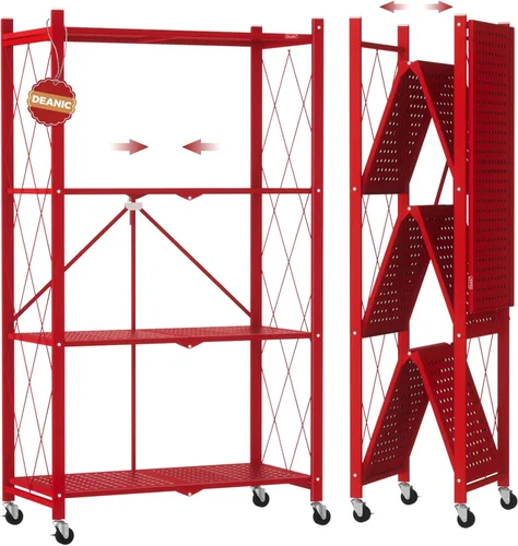 Miniatura 14 de DEANIC Estantes de almacenamiento plegables de 4 niveles con ruedas, estantería de gran capacidad, estante de alambre de metal independiente, Negro