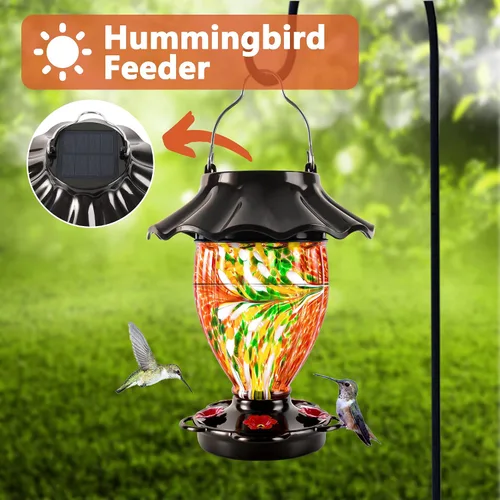 Miniatura 3 de LUJII Comedero solar para colibríes para colgar al aire libre con cambio de color, depósito de vidrio soplado a mano, 32 onzas líquidas, nunca Rojo