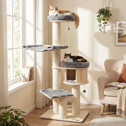 Tangkula Árbol moderno para gatos, torre grande de varios niveles con condominio, hamacas y cesta colgante, árbol alto para gatos con postes de
