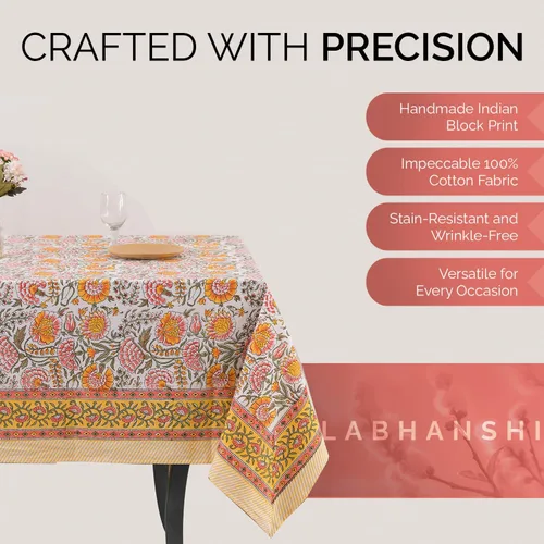 Miniatura 3 de Labhanshi Mantel redondo de algodón con estampado de bloques de mano indio, 72 pulgadas, 6 plazas y rectangular, 72 x 108 pulgadas, 8 plazas