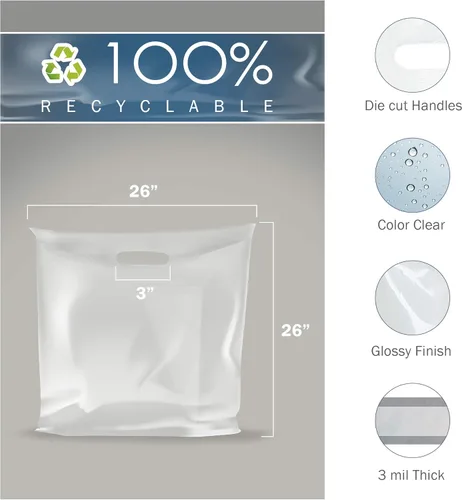 Miniatura 2 de Paquete de 50 bolsas de mercancía transparentes brillantes extra grandes de 26 x 26 pulgadas x 3 mil de grosor, asas troqueladas, ideales