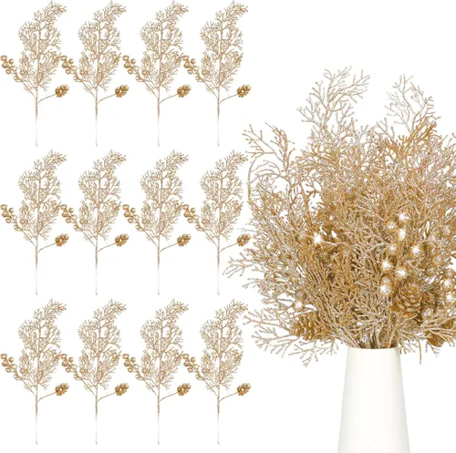 Tigeen 12 Piezas Púas de Árbol de Navidad a Granel, Relleno Artificial para Árbol de Navidad, Púas de Bayas con Purpurina, Tallos, Ramas y Champán