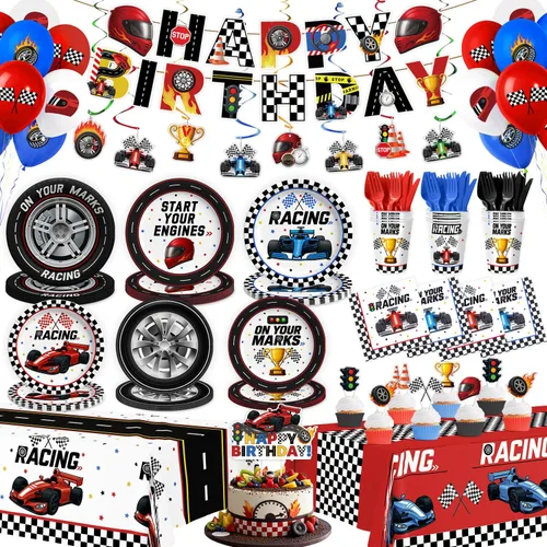 198 piezas de decoración de fiesta de cumpleaños de autos de carreras (sirve 24), decoraciones de cumpleaños de carreras que incluyen pancartas,