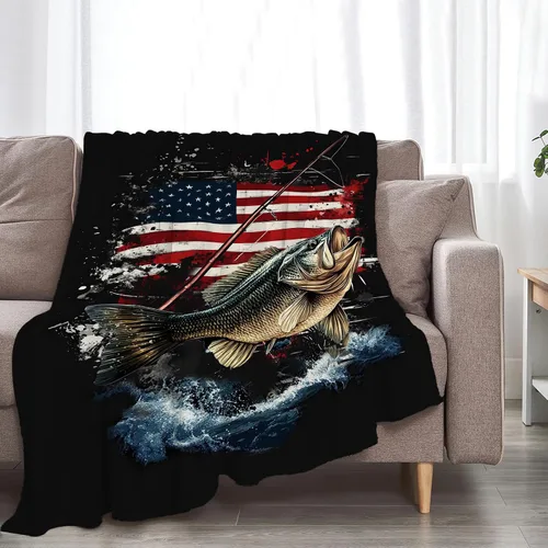 Miniatura 5 de Manta de pesca con bandera estadounidense, manta suave, cálida, acogedora, mullida, de felpa, regalos para niñas y mujeres, ligera, franela