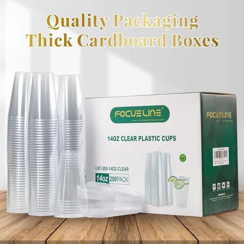Miniatura 6 de FOCUSLINE Paquete de 200 vasos de plástico transparente de 14 onzas, vasos desechables grandes de plástico para fiestas, vasos transparentes