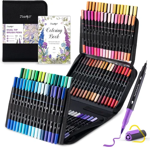 JusArt Marcadores para libros de colorear para adultos, sin sangrado, 100 marcadores de colores con doble punta, bolígrafos finos y de pincel con