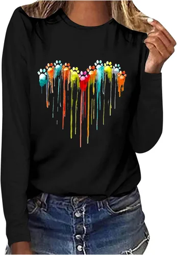 Dog Paw Love Heart Print T-Shirt for Women Long Sleeve Cute Graphic Tees Tops Crewneck Shirts