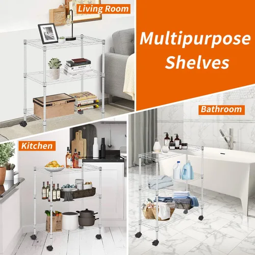 Miniatura 7 de Estantería de 3 niveles, estantería pequeña ajustable para armario, estantes de almacenamiento de cocina con ruedas, organizador de alambre de acero