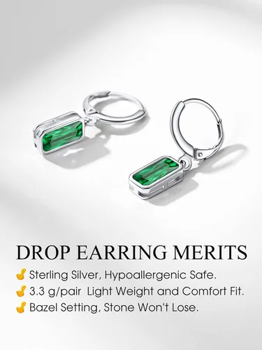Miniatura 5 de Bestyle Aretes colgantes de plata de ley pequeños y delicados con piedra natal para mujeres y niñas con cristal rectangular de baguette y aro