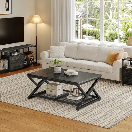Miniatura 9 de EnHomee Mesa de Café con Almacenamiento, Mesas de Café Modernas para Sala de Estar con Estante de Malla, Mesa de Centro Rectangular de 2 Niveles