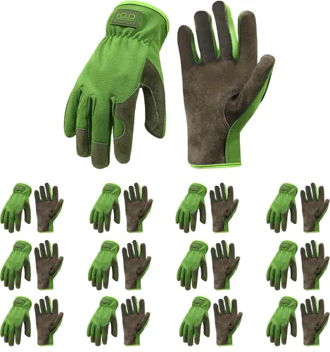 Miniatura 19 de HANDLANDY Guantes de jardinería de cuero para hombre, guantes de trabajo utilitarios para mecánicos, construcción, conductor 3 pares amarillo