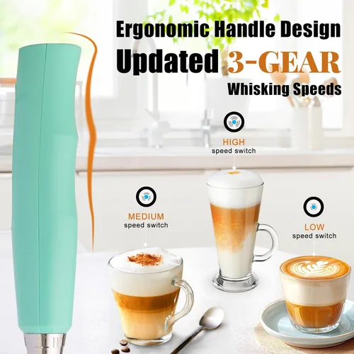Miniatura 5 de Nahida Varita espumadora de leche azul bebé para café, espumador eléctrico recargable de mano con 3 cabezales, 3 velocidades, mezclador de bebidas