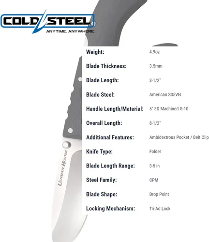 Miniatura 7 de Cuchillo plegable Cold Steel Ultimate Hunter con hoja de 3.5" S35VN de filo de navaja, mango G-10 de 5" de fácil agarre con mecanismo de bloqueo