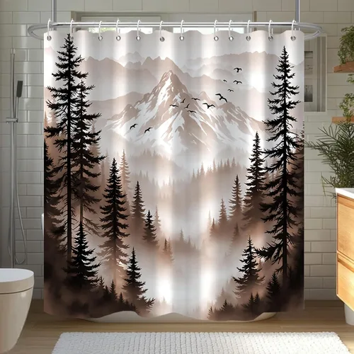 Miniatura 11 de Cortina de Ducha Azul Bosque de Pino Montaña Aves Paisaje Nebuloso Cortina de Ducha Impermeable de Tela para Decoración de Baño 60x72 Pulgadas