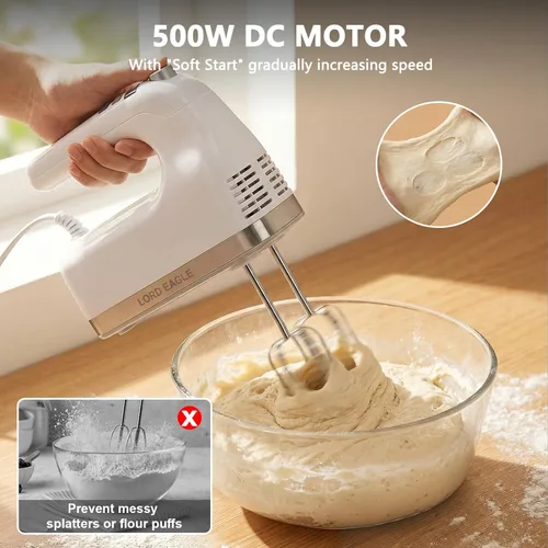 Miniatura 7 de Lord Eagle Batidora de mano digital de 9 velocidades, mezclador de cocina con motor de CC de 500 W para hornear pasteles, batidores de huevos Blanco