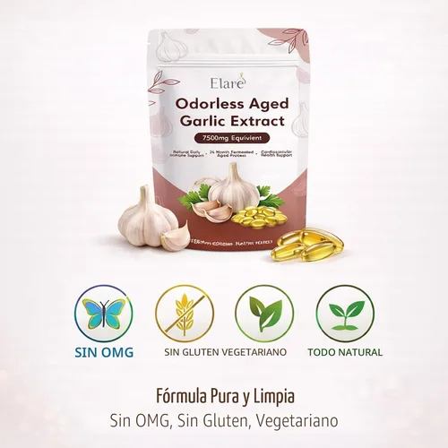 Miniatura 4 de Elare Extracto de ajo añejo: 300 cápsulas blandas, suplemento de ajo inodoro, 2 años de maduración, apoya la salud del corazón, el sistema
