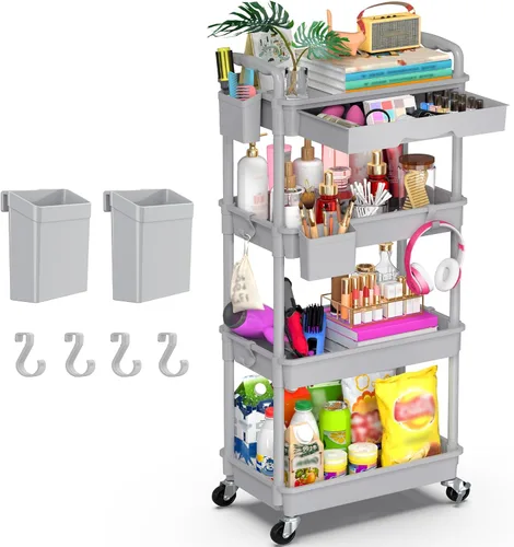 Miniatura 16 de Goovilla Organizador de carrito utilitario de 3 niveles con cajón extraíble, carritos de almacenamiento rodantes negros estables y resistentes con 2
