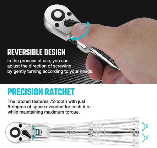 Miniatura 3 de DURATECH Mango de trinquete de 1/4 pulgadas con cabeza flexible, llave de trinquete de 72 dientes, liberación rápida, interruptor reversible