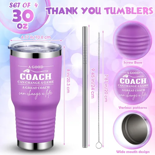 Miniatura 2 de Uiifan 4 juegos de vasos con tapas y pajitas, vaso de acero inoxidable de 30 onzas, regalo de agradecimiento para fútbol de baloncesto