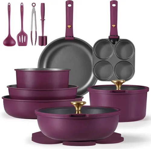 CAROTE Juego de 21 ollas y sartenes, juego de utensilios de cocina antiadherentes, mango desmontable, juegos de utensilios de cocina de inducción