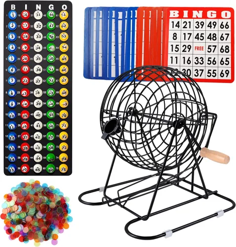 GSE Games & Sports Expert - Juego de bingo de lujo con jaula grande de acero, tablero maestro, 75 bolas de colores, 500 fichas, 50 tarjetas de bingo