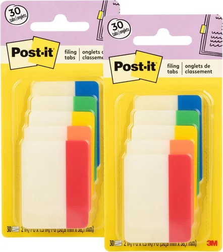 Post-it Tabs, 2 pulgadas, sólido, colores surtidos, 6 pestañas/color, 5 colores, 30 pestañas/paquete (686-ROYGB) (Paquete de 2)