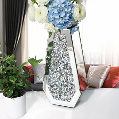 Miniatura 4 de ALLARTONLY Jarrón de Flores Jarrón Espejado de Diamante Triturado Cristal Plateado Vidrio Jarrón Espejo Decorativo Tamaño Grande Lujo