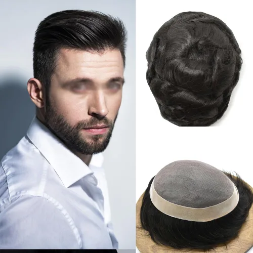 Miniatura 21 de Toupee para hombre europeo cabello humano tupé para hombres fino mono sistema de cabello para hombre sistema de reemplazo de cabello para hombres
